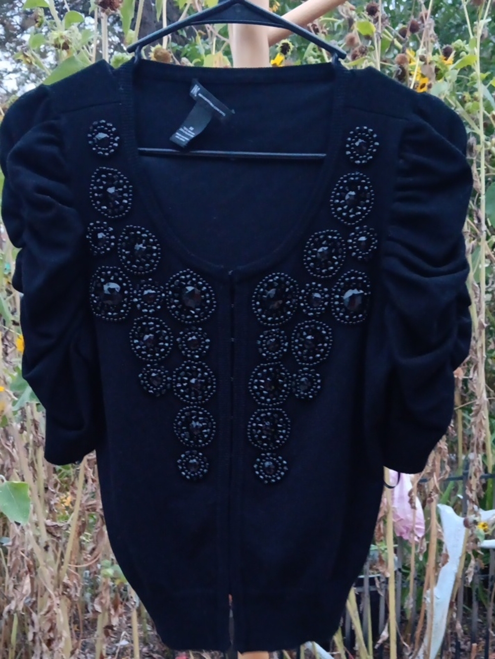INC International Concepts Black Beaded Puff-Sleeve Cardigan